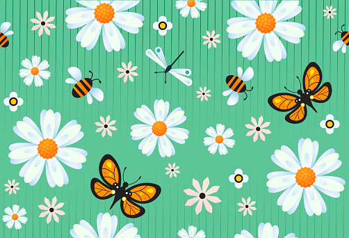 Seamless pattern with butterflies. Repeating image for printing on wrapping paper. Insects, meadows and spring season. Plants and flora, flowers, wildlife and nature. Cartoon flat vector illustration