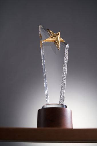 crystal trophy with star against gray background