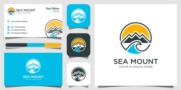 ilustraciones, imágenes clip art, dibujos animados e iconos de stock de símbolo simple logotipo de montaña con diseño de logotipo de agua de mar. estilo de arte lineal ilustración vectorial. diseño de logotipo, icono y tarjeta de visita - river wave symbol sun