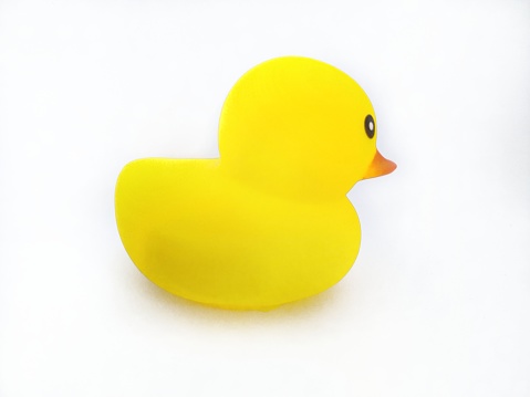 Rubber duck and ducklings on white background.