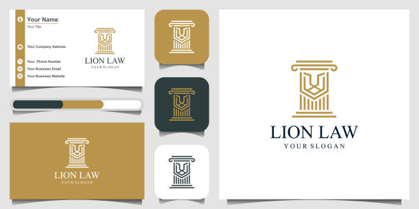 illustrazioni stock, clip art, cartoni animati e icone di tendenza di legge del leone con ispirazione al design del logo del pilastro. design del logo e biglietto da visita - stability law trust legal system