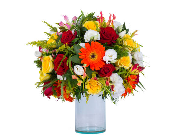istock Flowers arranged in a bouquet set in a vase, on a white screen 1413925715