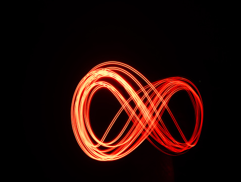 This is an abstract long exposure photograph taking at night with light painting to create the infinity symbol.
