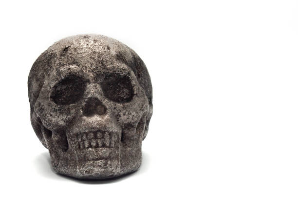 istock isolated silver metal skull with black char marks on a white background skull 1413927056