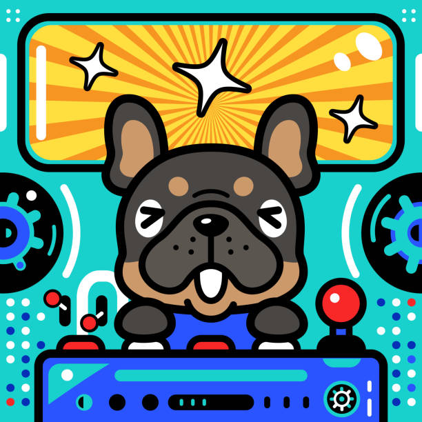 illustrazioni stock, clip art, cartoni animati e icone di tendenza di un simpatico bulldog francese pezzato sta pilotando un'astronave a potenza illimitata alla velocità della luce - pilotando