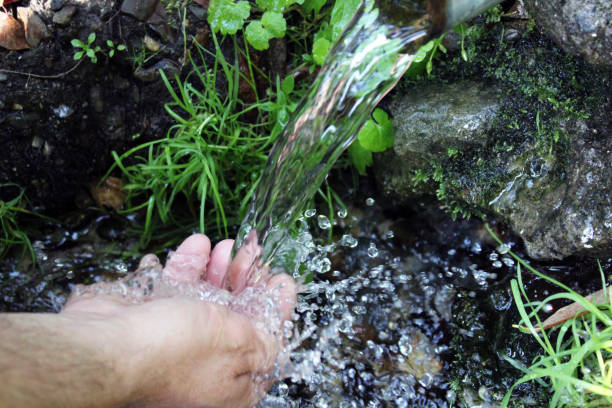 istock A man washes his hands at a spring in the forest. Blurred back natural background. 1413928137
