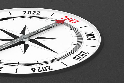 2023 new year. Compass on black background. Isolated 3D illustration