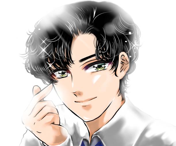 Portrait illustration of a Korean idol with permed black hair illuminated by light making a heart mark with his fingers and white background. Portrait illustration of a Korean idol with permed black hair illuminated by light making a heart mark with his fingers and white background. korea singer stock illustrations