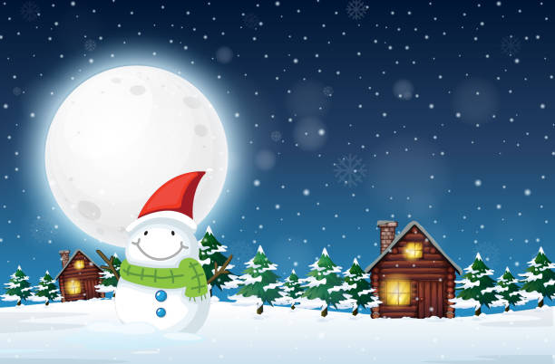 istock Snowy winter night with Christmas snowman and a house 1413932345