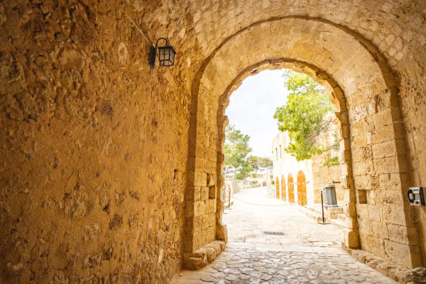 The arch that leads to the ticket office of the fort known as Venetian Fortezza Castle of Rethymnon on Crete, Greece, which was built by the Venetians in the 16th century and besieged by the Ottomans in 1646.