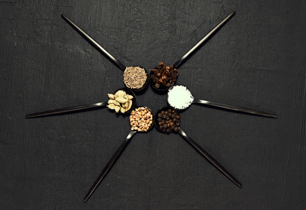 Kitchen measuring tools of natural spices and herbs ready for making and preparing food for eating. Cooking ingredients above view of organic dry products. Silver spoons holding Indian consumables