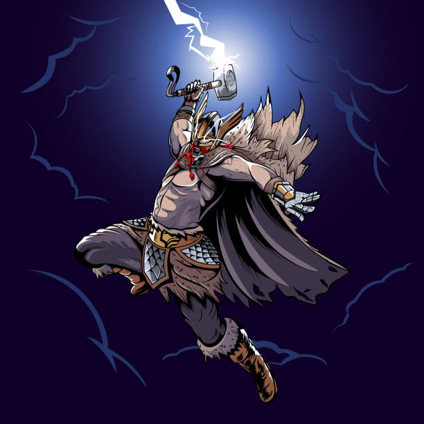 illustrazioni stock, clip art, cartoni animati e icone di tendenza di thor il dio del tuono - thunderstorm hammer scandinavian culture god