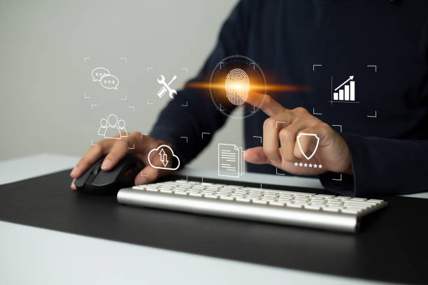 istock Person touching virtual screen to scan fingerprints, digital transformation management concept. Internet of Things, Big Data and Business Processes, Automation, Storage Systems, Cloud Computing 1413938681