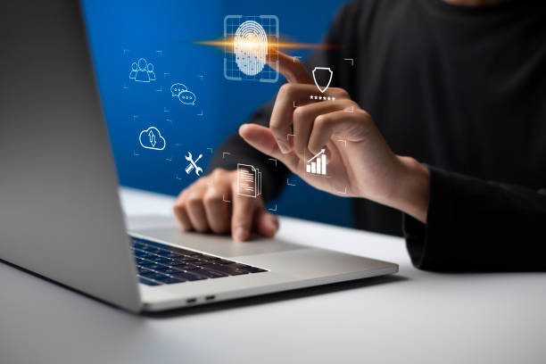 istock Person touching virtual screen to scan fingerprints, digital transformation management concept. Internet of Things, Big Data and Business Processes, Automation, Storage Systems, Cloud Computing 1413938695