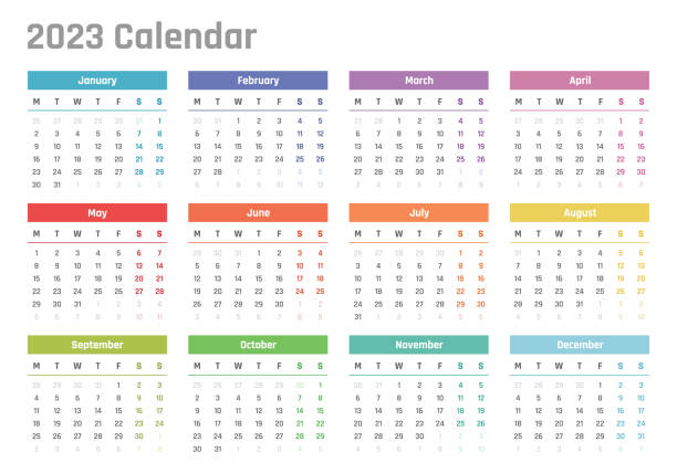kalender für 2023 beginnt montag, vektorkalender design 2023 jahr - june stock-grafiken, -clipart, -cartoons und -symbole
