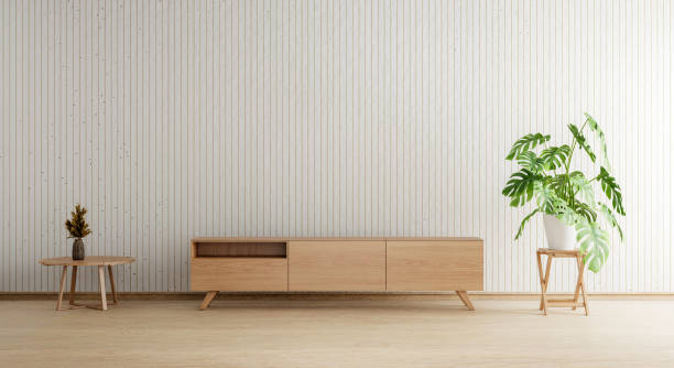 istock TV cabinet with empty wall wood plank plant pot and table background. Interior and architecture concept. 3D illustration rendering 1413940826