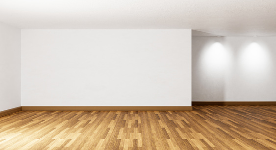 Empty room with with parquet wooden floor downlight and white concrete wall background. Architecture and interior concept. 3D illustration rendering