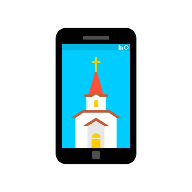 Vector illustration of Online Mass. Prayer on Internet. Web confession. Confess in smartphone. Concept modern religion and gadgets