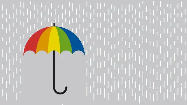 Vector illustration of Rain and an open rainbow colored umbrella, safety concept. Protection and isolation from external risk factors. Vector illustration