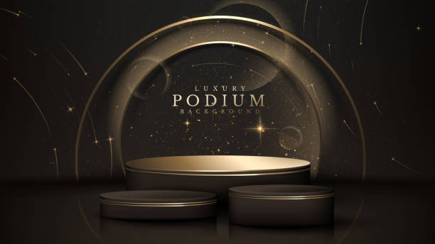 istock Product display stand with golden curve decoration and starlight effect elements. Black luxury style background. 1413947363