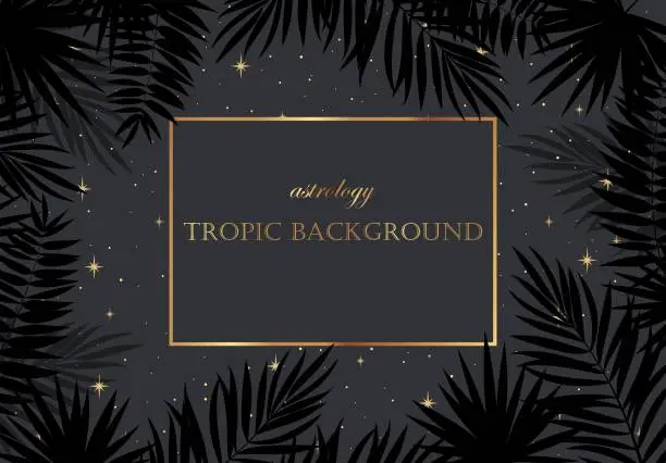 Vector illustration of Magic background with stars, tropic leaves, place for text.