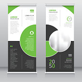 istock Simple pull up banner design template with lime green and black colored circles 1413949401