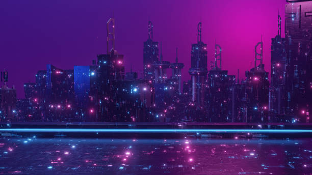 istock Metropolis night skyline illuminated skyscrapers futuristic cityscape 3d Render 1413949486