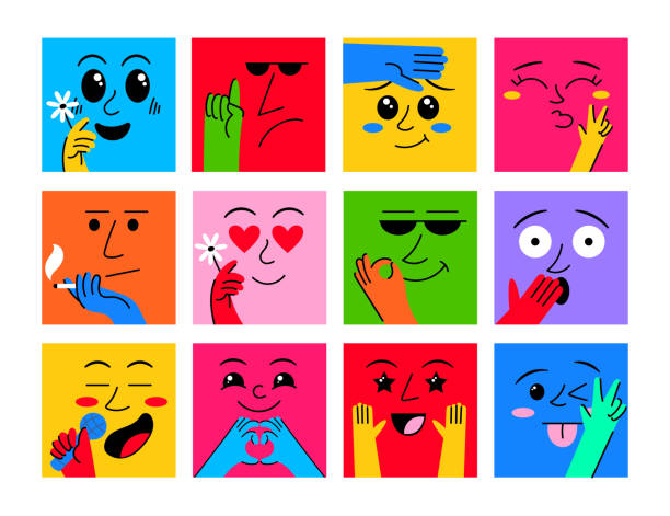 Abstract funny people faces. Doodle poster with square portraits, happy expression smile, different mouth and eyes, hands gestures. Various emotions. Vector illustration scribble characters Abstract funny people faces. Doodle poster with colorful square portraits, happy expression smile, different mouth and eyes, hands gestures. Various emotions. Vector illustration scribble characters caricature stock illustrations