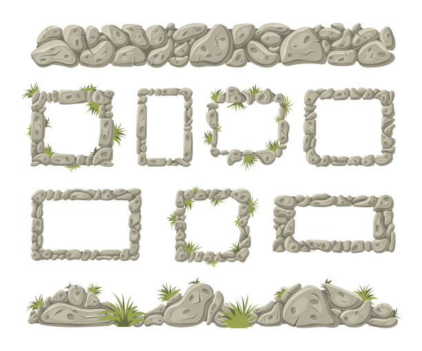 Stone borders and frames. Old broken rocks for computer games, concrete grass floor and mosaic road. UI fantasy mobile app. Big and small isolated objects. Vector cartoon design Stone borders and frames. Old broken rocks for computer games, concrete grass floor and mosaic road. UI fantasy mobile app. Big and small isolated on white background objects. Vector cartoon design flint stone stock illustrations