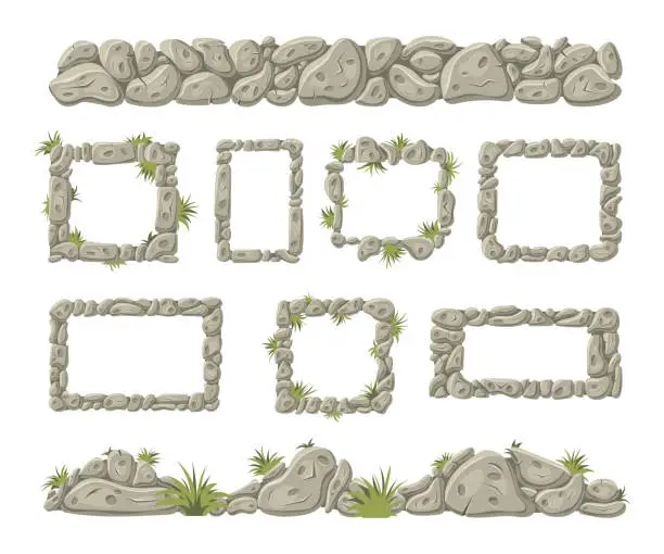 Vector illustration of Stone borders and frames. Old broken rocks for computer games, concrete grass floor and mosaic road. UI fantasy mobile app. Big and small isolated objects. Vector cartoon design