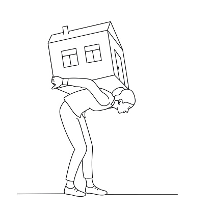 Woman carry heavy house. The heavy burden of credit mortgages. Hand drawn vector illustration. Black and white.