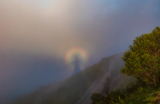 A Brocken spectre, also called Brocken bow, mountain spectre, or spectre of the Brocken is the magnified shadow of an observer cast upon clouds opposite the Sun's direction. The figure's head is often surrounded by the halo-like rings of coloured light forming a glory, which appears opposite the Sun's direction when uniformly-sized water droplets in clouds refract and backscatter sunlight. The phenomenon can appear on any misty mountainside, cloud bank, or from an airplane, but the frequent fogs and low-altitude accessibility of the Brocken, a peak in the Harz Mountains in Germany, have created a local legend from which the phenomenon draws its name.