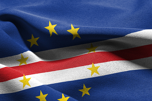 3D illustration closeup flag of Cape Verde. Waving on the wind flag textile background