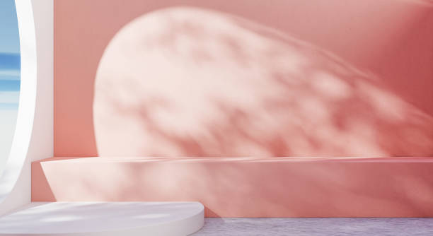 istock Empty room in pink and white pastel tone with tree leaves shadow and blue sky and cloud background. Abstract and nature concept. 3D illustration rendering 1413956481