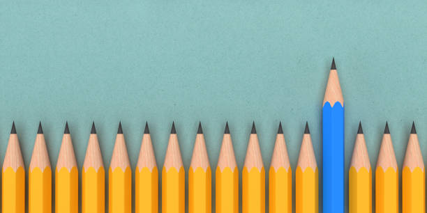 Education, Back to School and Business teamwork concept: 3D Render realistic wooden pencil. Retro style yellow sharpened pens with red rubber eraser at bottom. Isolated writing objects on blank background with copy space. Including Clipping path for easy edit.
