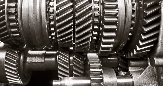 Close-up of gearbox metal wheels.