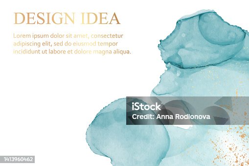 istock Watercolor background with abstract blue ink waves and golden splashes. 1413960462