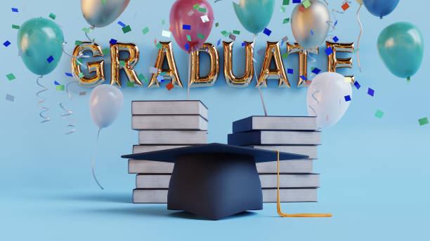 istock graduate cap with book and balloons, 3d rendering 1413960866