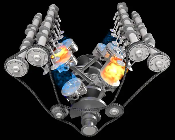 V6 Engine pistons and crankshaft Ignition on black background 3D rendering