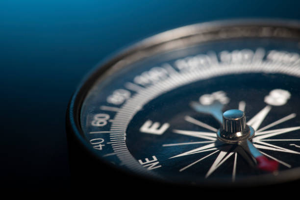 istock Vintage Magnetic compass compass on blue background. Macro photo 1413962087