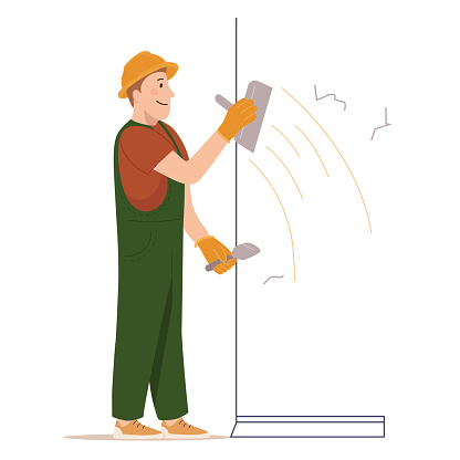 istock Plasterers smoothing, plastering and covering wall surface with putty, spackling paste and spatula. Vector flat design illustration isolated on white background. Home repairs. Man in uniform 1413962357