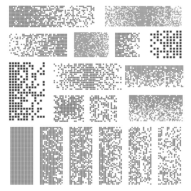 Pixel disintegration set. Pixel disintegration set. Decay effect. Dispersed dotted background. Pixel mosaic textures. Data particles defragmentation vector illustration. coding stock illustrations