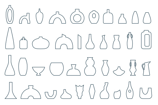 Ancient vases and jugs set. Simple minimalistic linear Pottery Icon. Vintage greek vase outline. Vector illustration.