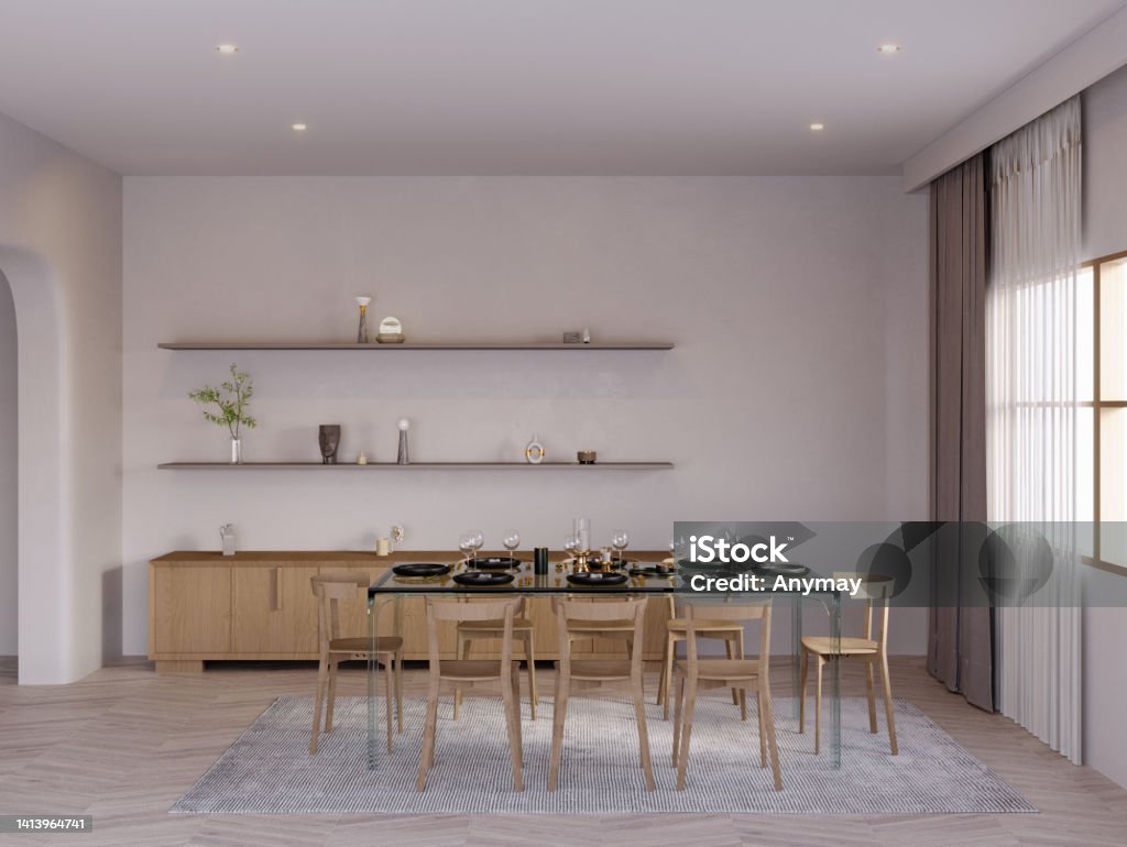 3d rendering,3d illustration, Interior Scene and  Mockup,furniture render table and chair diningroom. Bauhaus - Art Movement Stock Photo