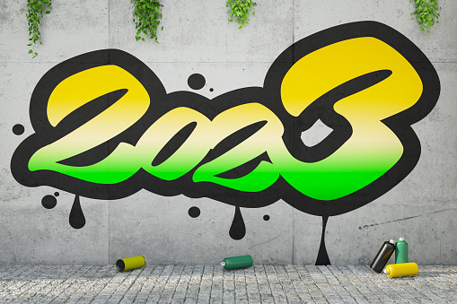 2023 New Year Graffiti on the Wall . 3D Render