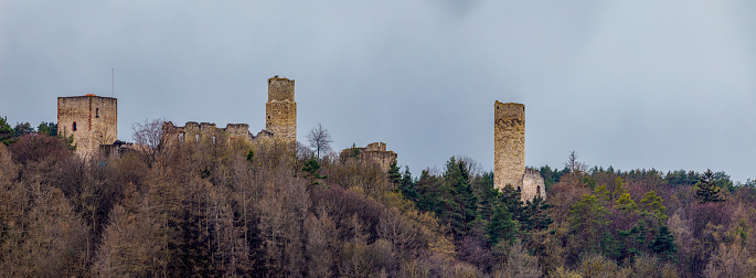 Lauchröden, Thuringia, Germany - April 15, 2021: The Brandenburg Castle Ruin at Lauchroeden in the Thuringian Forest