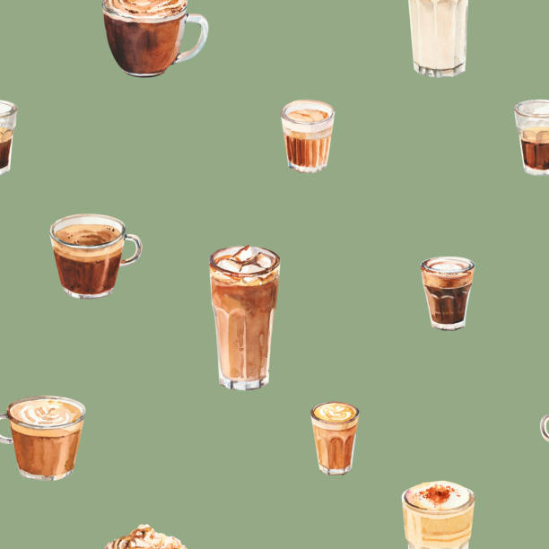 illustrazioni stock, clip art, cartoni animati e icone di tendenza di bevanda al caffè acquerello dipinta a mano per il menu del caffè. tazza di caffè ad acquerello disegnata a mano cappuccino, bianco piatto, caffè latte. - bean latté pattern frame