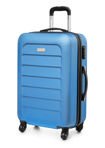 Blue plastic suitcase isolated on white