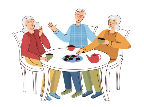 함께 시간을 보내는 노인들. 시니어 친구들은 테이블에 앉아서 티 타임을 즐기고 이야기합니다. 노인 여성과 남성이 집, 카페 또는 레스토랑에서 만나는 경우 - senior adult friendship group of people restaurant stock illustrations