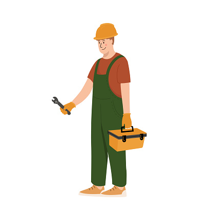 Worker with a set of tools for home renovation. Man in professional uniform helmet and dungarees with toolkit. Repair service, laborer or constructor work. Vector flat design illustration.